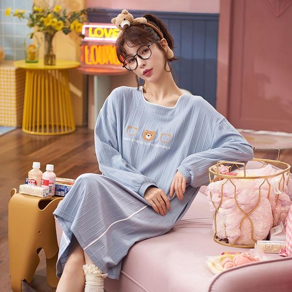 

women's sleepwear autumn long sleeve nightgowns dressing gown cartoon nightie ladies nightdress cotton nightwear loose pajamas, Black;red