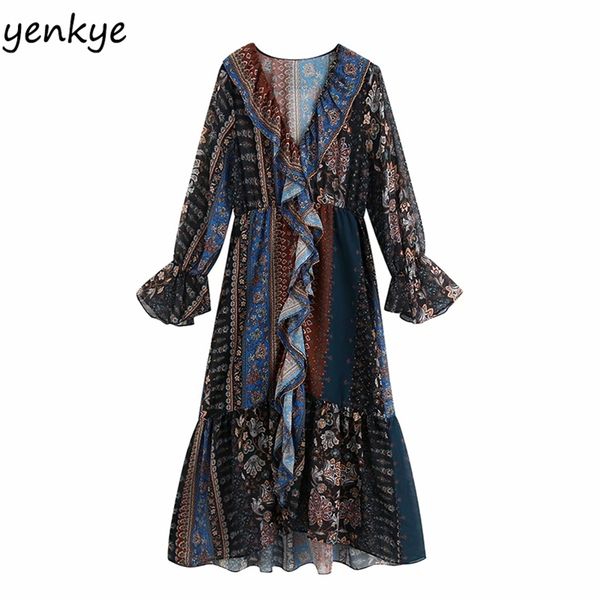 

vintage patchwork floral print dress women long sleeve v neck a-line ruffle femme casual summer chiffon vestido 210514, Black;gray
