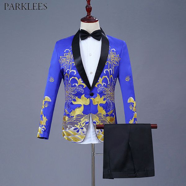 Royal Blue Shawl Colares Terno Homens 2 Peça Terno (Jacket + Calças) Casamento Noivo Vestido Suits Homens Estágio Cantor Roupas TEno Masculino 210524