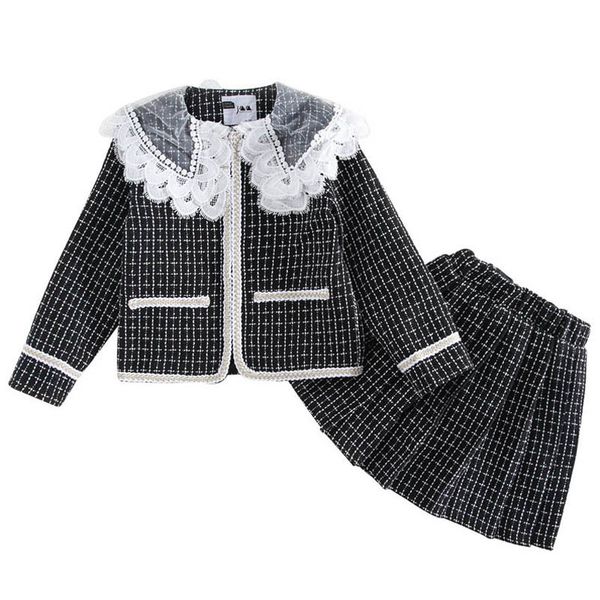 

girls sweater sets kids clothing children clothes autumn winter cotton knitting patterns cardigan coat pleated skirts 2pcs b8342, Blue