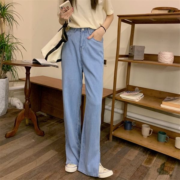 

women's pants & capris blue light washed plus size straight high waist jeans denim wide femme loose all match streetwear trousers, Black;white