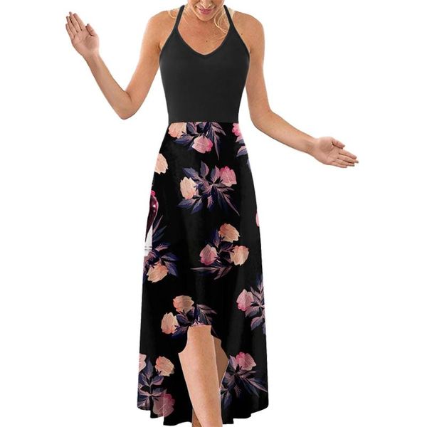 

casual dresses sleeveless halter summer dress 2021 vestidos strap open back print woman fashion v-neck for women, Black;gray