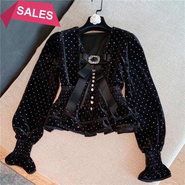 

women's fur & faux winter style foreign celebrity v-neck thin bow stamping bubble sleeve velvet top, Black