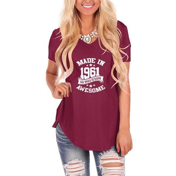 

made in 1961 60 years of being awesome women t-shirt v neck vintage shirt for female femme summer birthday lover gift casual women's, White