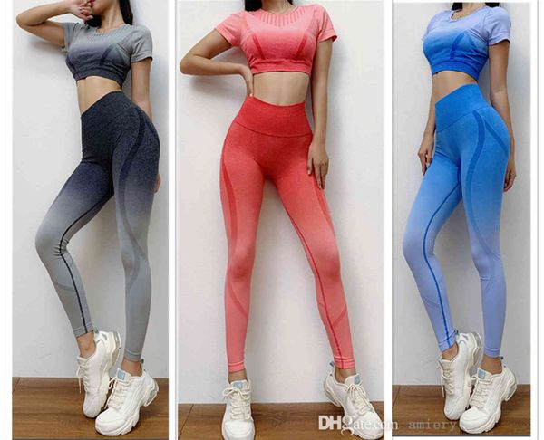 

women fitness sports tracksuits hanging dyed two piece yoga suit fashion gradual colors tight elastic running clothes four seasons sportswea, White;red