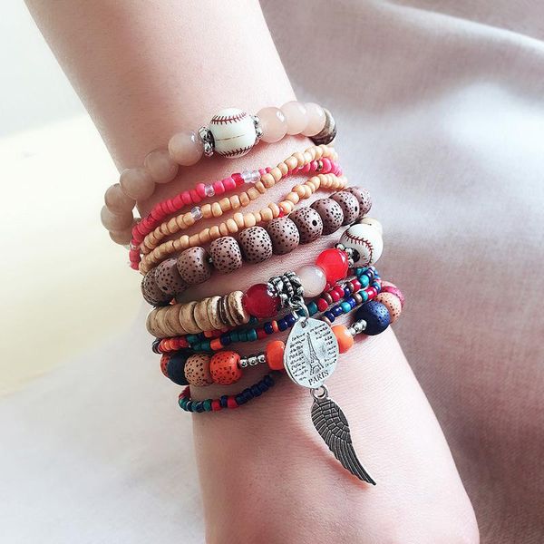 

beaded, strands women bohemian beads charm bracelet handmade multi layered beaded boho feather set jewelry gifts, Black