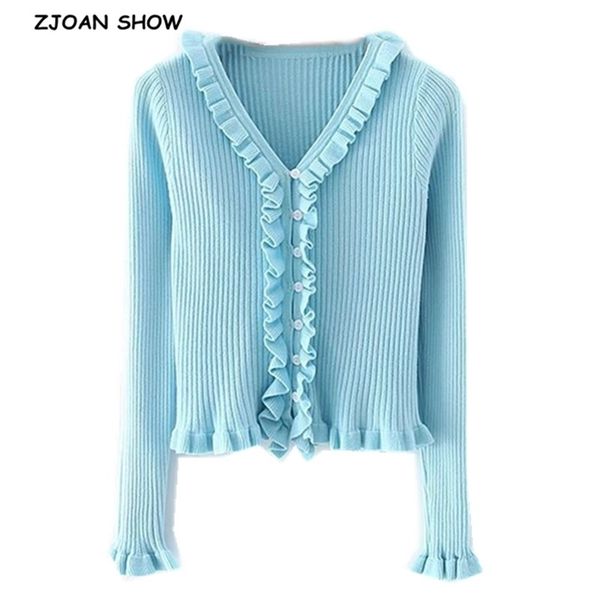 

vintage french wood ears ruffles v neck knitted cardigan cropped woman sweater trim flare sleeve short jumper 210429, White;black