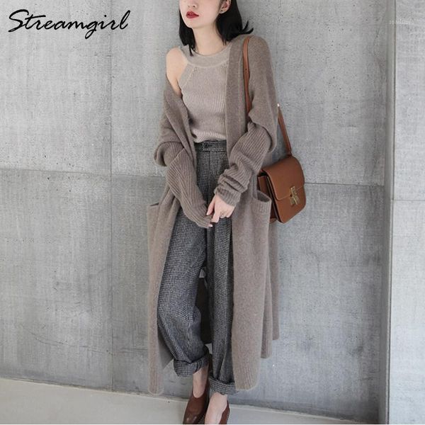 

women's sweaters streamgirl knitted cardigan women long jacket winter sweater female autumn clothes 2021, White;black