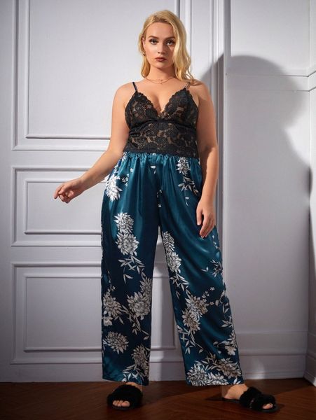 

plus lace sleep cami with floral print sleep pants r0fg#, Black;white