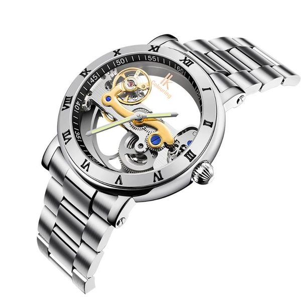 

wristwatches mekaniska klockor fashion men's automatic winding mechanical bridge hollow watch stainless steel diving wristwatch hf152-g, Slivery;brown