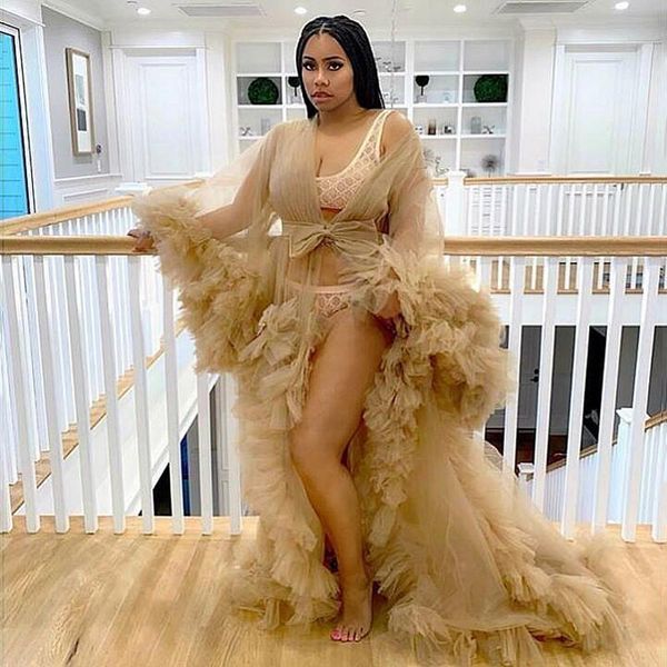 

khaki full sleeves tulle pregnant sleepwear ruffles maternity robes for pshoot illusion nightgowns evening gowns, White