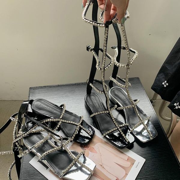 

boots rhinestone women sandals crystal knee high hollow ladies summer dress shoes woman flats heeled elegant, Black