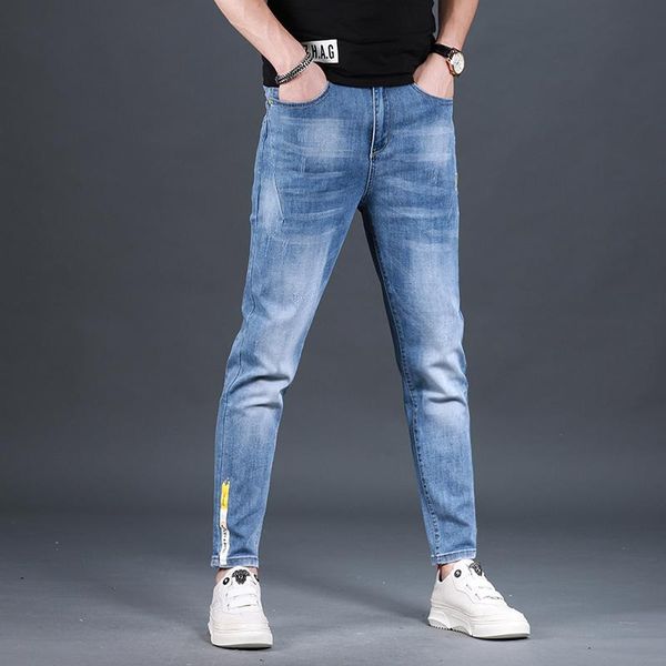 

summer men slim fit jeans fashion printed blue denim pencil pants men's