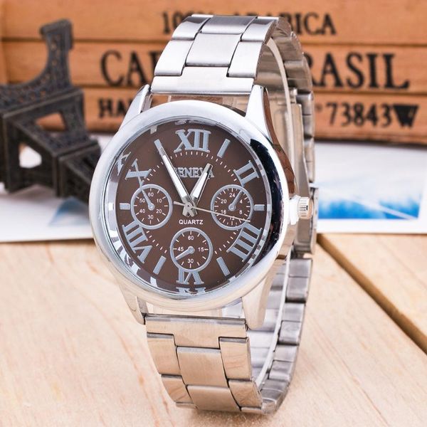 

wristwatches brand silver geneva casual quartz watch women stainless steel dress watches relogio feminino ladies clock, Slivery;brown