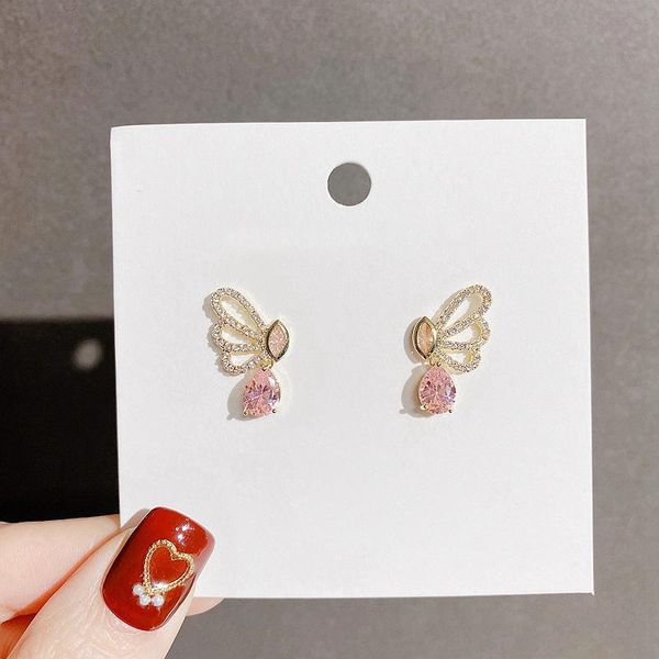

stud exquisite pink stone pendant butterfly earrings gold color plated cubic zirconia for women, Golden;silver