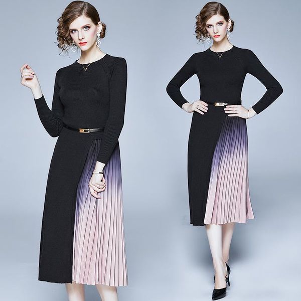 

fall winter knitted patchwork contrast color print crew neck belt long sleeve empire waist women ladies party a-line midi dress casual dress, Black;gray