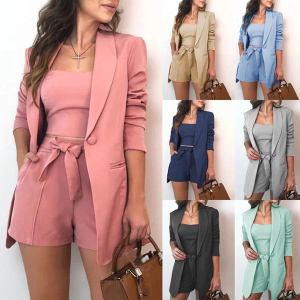 

women's tracksuits 2021 casual solid color vest suit jacket fashion temperament high waist shorts three-piece spliced, Gray