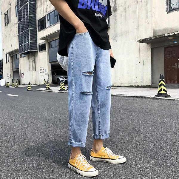 

men's jeans knee ripped straight cropped street fashion scrape loose brand hip hop beggar hong kong style pants, Blue