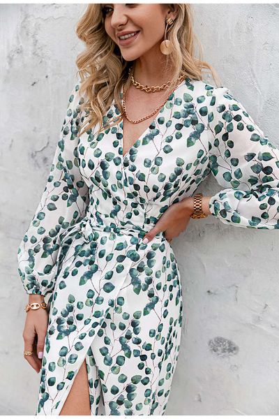 

printed spring long sleeve lace up holiday green leaf avant-garde, White;black