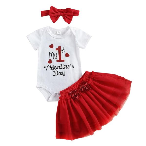 

clothing sets wallarenear 0-24m born infant baby girl 3pcs valentine set short sleeve letter printed romper red skirt headband, White