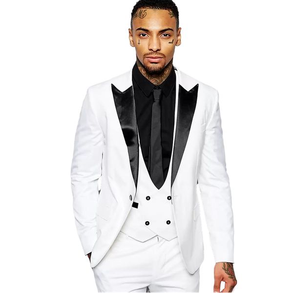 Abiti da sposa uomo slim fit bianchi smoking moda nero risvolto a punta 3 pezzi abiti da sposo formale abiti da uomo blazer giacca pantaloni gilet