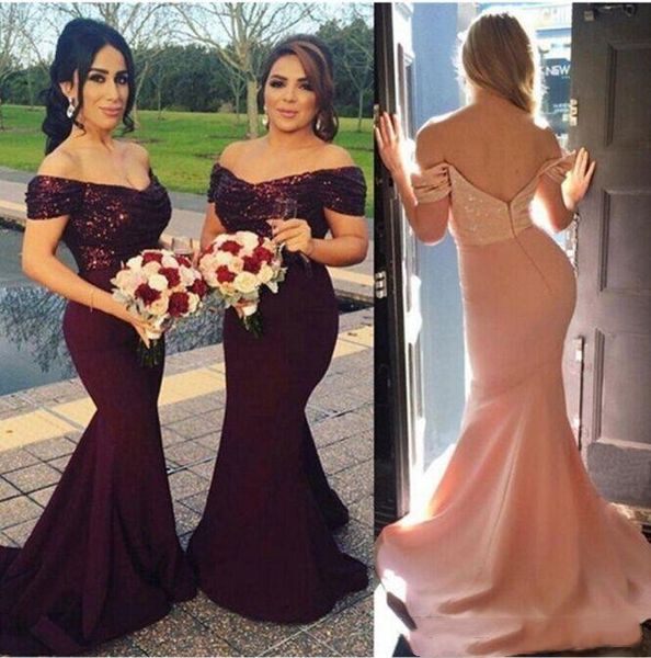 Kapalı Omuz Sweep Tren Bordo Mermaid Nedime Elbise Sequins Örgün Abiye giyim Düğün Konuk Elbiseler