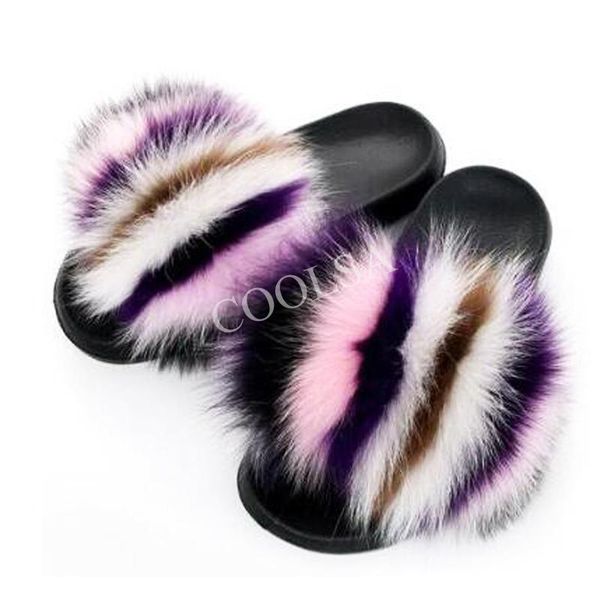 

slippers women's real fur furry fluffy flat soft slides ladies cute plush vacation flip flops wholesale, Black