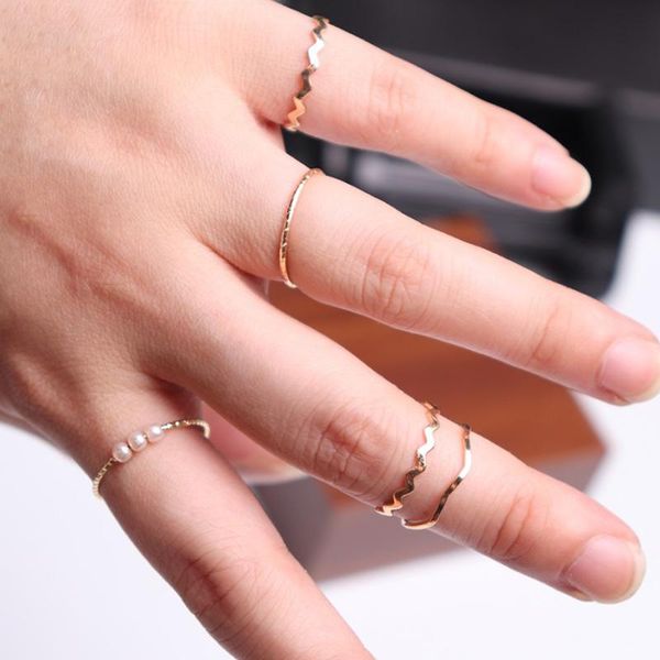 

cluster rings fashion simple 5-piece geometric pearl set elegant women's gold silver color ring jewelry charming lady party accessories, Golden;silver