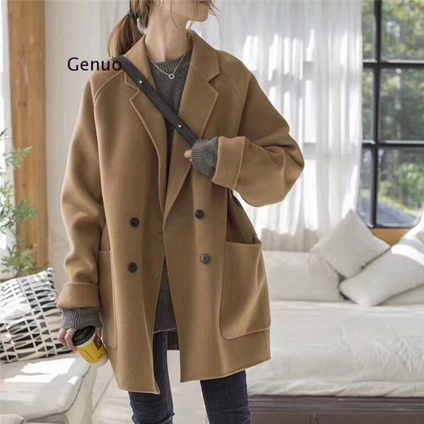 

women's wool & blends 2021 fashionable solid color women coat all-match blend autumn casual chic long sleeve female overcoat, Black