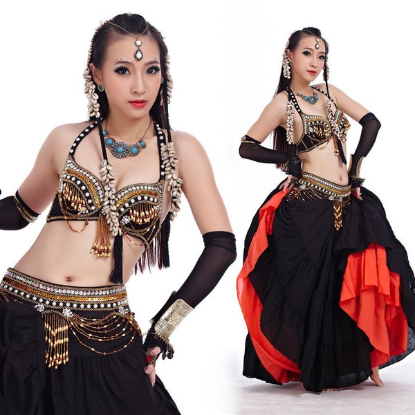 

belly dance costume 2pcs bra&belt indian dancing women dancer clothes set bellydance clothes wear 3 color for selection 858#, Black;red