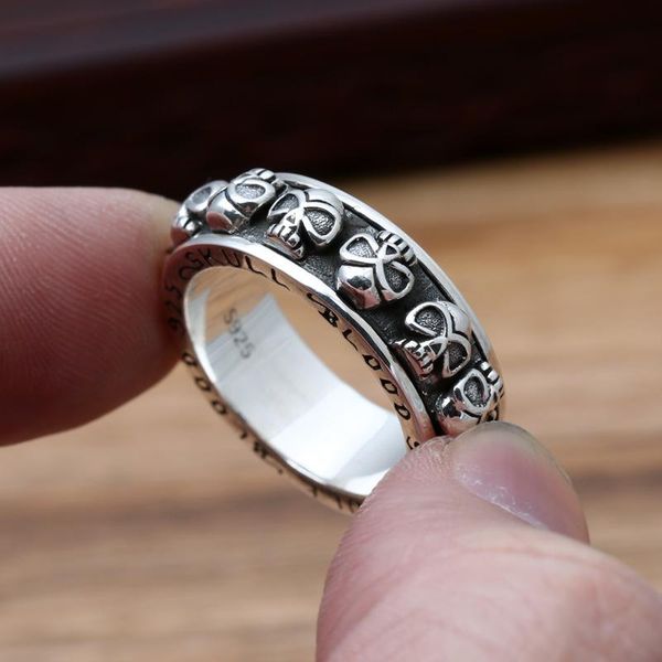 

cluster rings real 925 sterling silver rotatable men ring retro antique skull punk spinner fine jewelry, Golden;silver