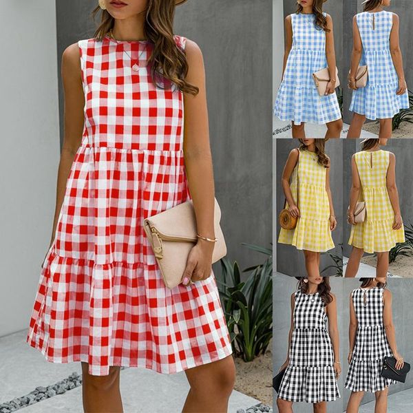 

summer fashion round neck lattice a line pocket casual loose female dress dresses, Black;gray