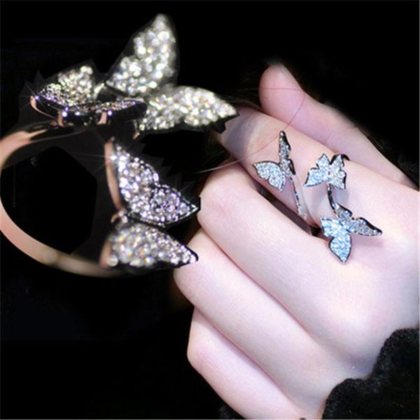 

cluster rings butterfly for women s925 silver cubic zirconia adjustable vintage fine jewelry luxury hyperbole index finger ring kyra0593, Golden;silver