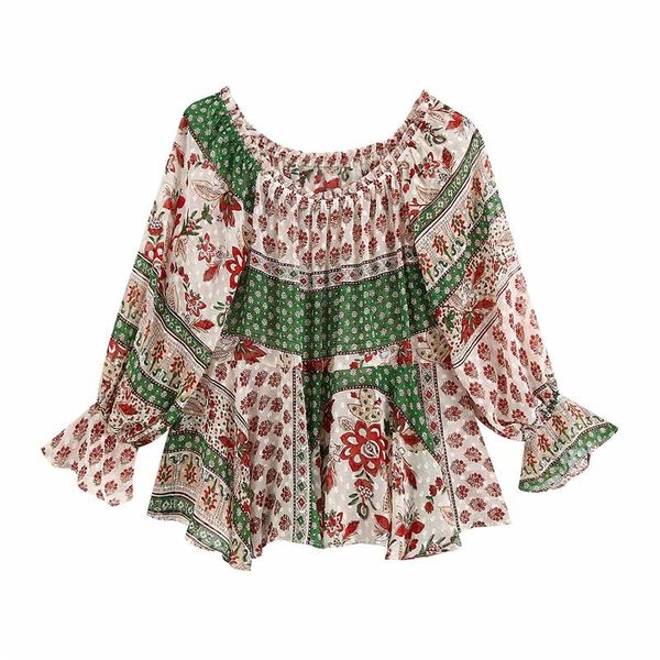 

summer bohemian style fashion print women blouse female vintage boho long sleeve slash short shirts femme women's blouses &, White