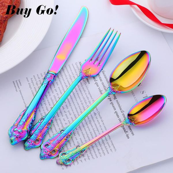 

24pcs luxury stainless steel elegant rainbow flatware set carving handle retro cutlery spoon and fork knife for el party sets