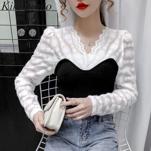 

kimutomo elegant lace patchwork blouse women v-neck slim hook flower hollow long sleeve shirt ladies fashion spring 210521, White