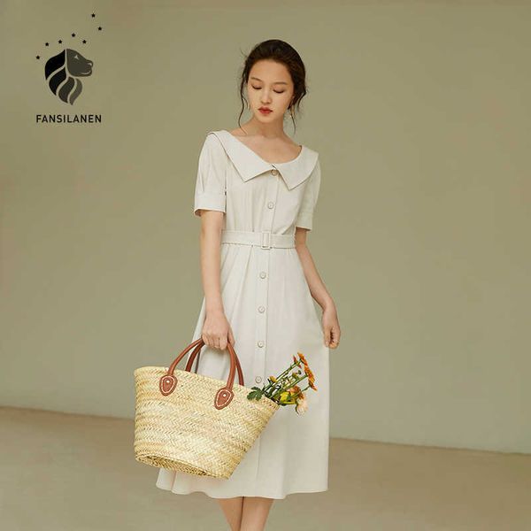 

fansilanen office lady french retro high waist short sleeve dress women summer beige yellow a-line skirt clothes 210607, Black;gray