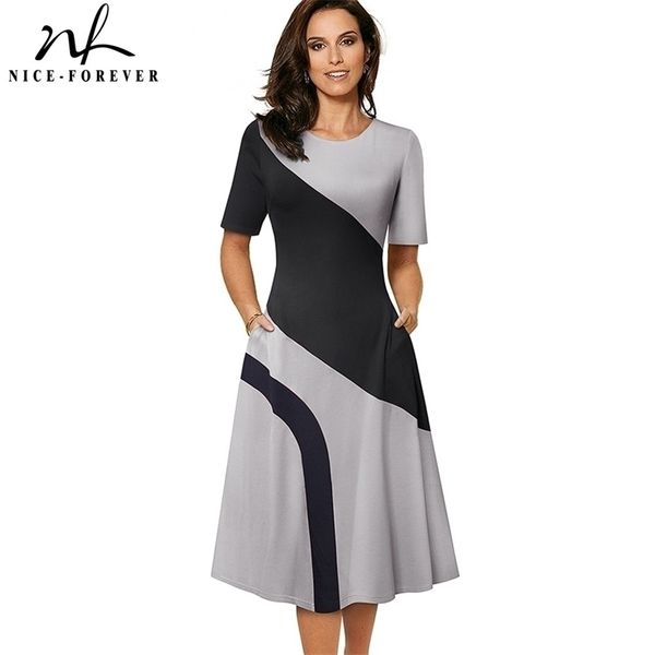 

nice-forever spring retro contrast color patchwork a-line dresses business work flare swing women dress a239 210701, Black;gray