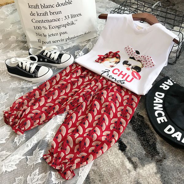 

2021 summer kids tracksuit girls clothes set sleeveless tshirt +pants 2pieces children clothing sets girl outfits, White