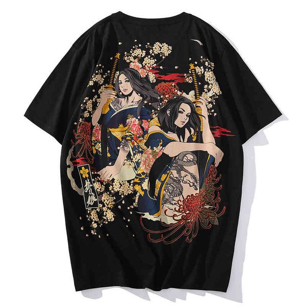 

men's t-shirts japanese style printing beauty samurai flower short sleeve youth trend cotton round neck loose t-shirt undershirt m, White;black