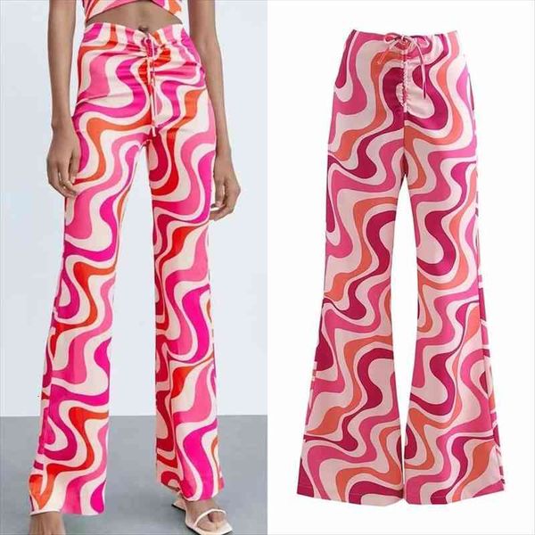 

za flared trousers women pink print y2k pants woman fashion ruched tied high waist pants female streetwear wide pant, Black;white