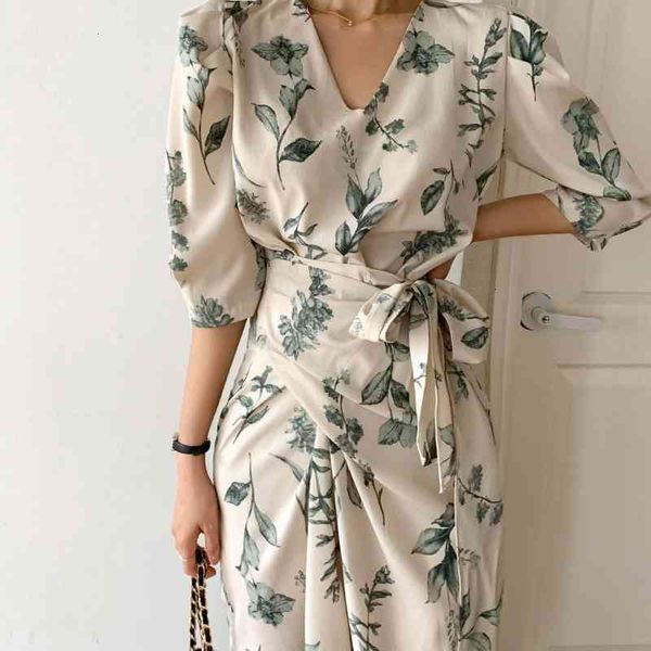 

casual dresses elegant v-neck women floral print cross lace up chiffon vestidos summer short sleeve female straight 1dhw, Black;gray