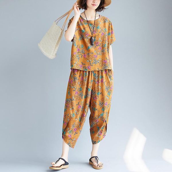 

women spring summer print casual 2 piece set ladies o-neck short sleeve shirt & wide leg pant sets female vintage suit d603 women's two, White