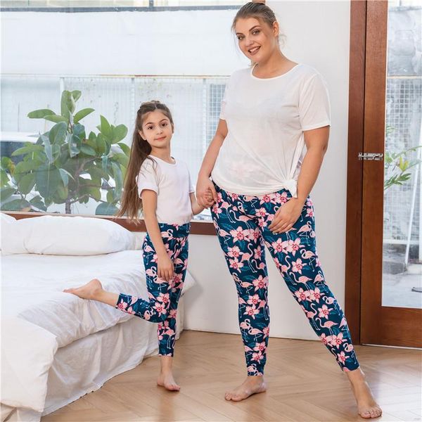 

women's leggings mommy daughter pink flowers flamingo, Black