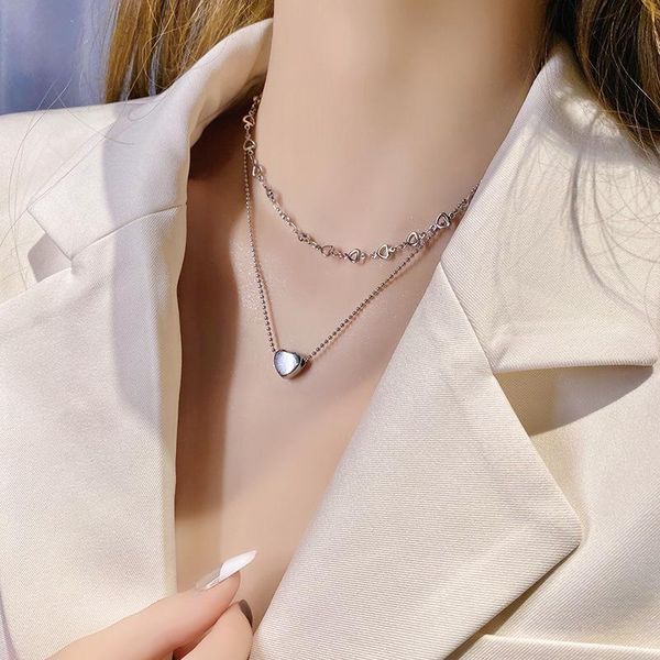 

pendant necklaces vsnow stylish double-layer stainless steel love heart necklace for women hollow metallic round chain jewelry, Silver
