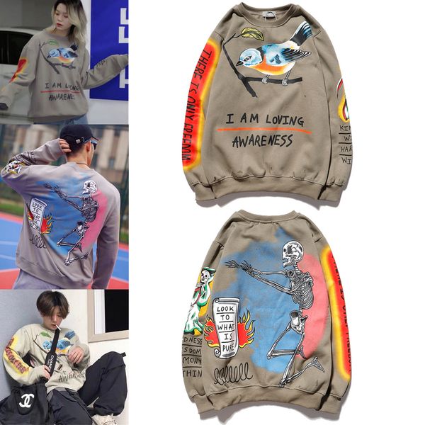 

kanye west graffiti letter print plus velvet sweatshirt men and women harajuku fleece hoodie hip hop skull bird, Black