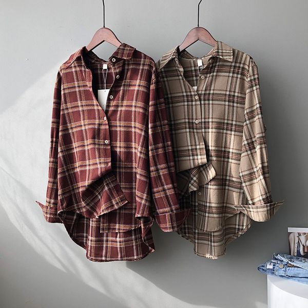 

women's blouses & shirts spring women vintage oversize woolen plaid shirt pockets batwing sleeve turn-down collar thick blouse aut, White