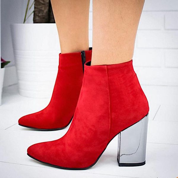 

boots women's ankle fashion pointed toe mid heel solid ladies pu leather non slip concise female shoes footwear autumn winter, Black