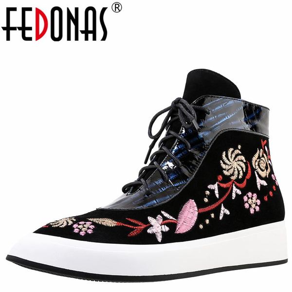 

boots fedonas 2021 fashion ethnic women ankle embroider kid suede leather pointed toe flats autumn winter casual shoes woman, Black