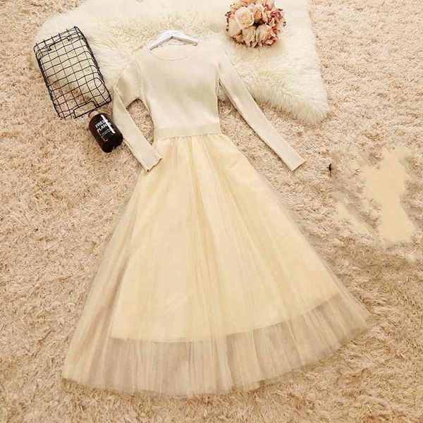 

woman elegant autumn winter sweater dress solid women long thick sweater full sleeve a-line robe knit lace 210601, Black;gray